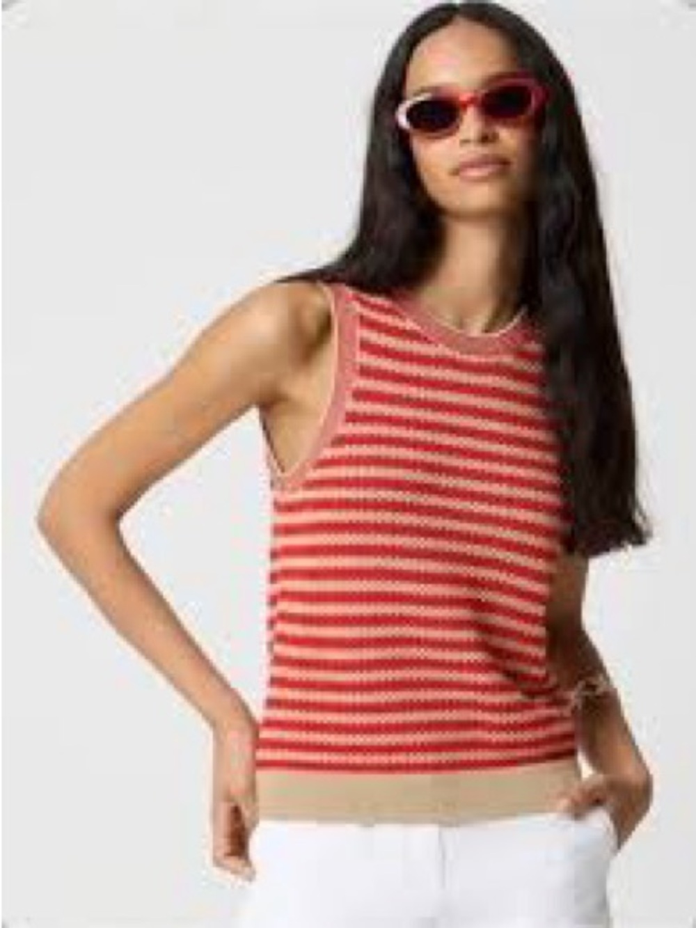 J Crew Factory Striped Sleeveless Sweater Khaki Bright Cerise Small